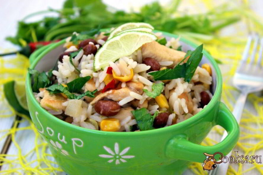 Рецепт лимонного риса с курицей, кинзой и фасолью