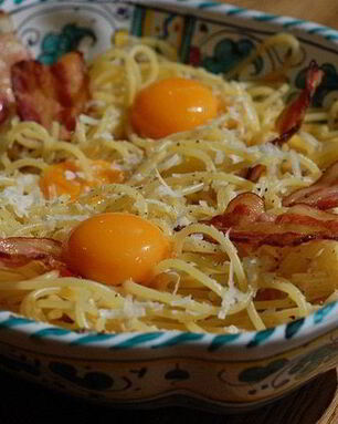 Спагетти карбонара с желтками пашот