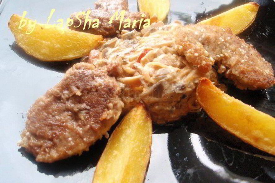 Рецепт утиного филе в кунжуте с грибным рагу и картофельными дольками