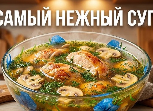 Очень вкусный куриный суп с нежными клёцками.