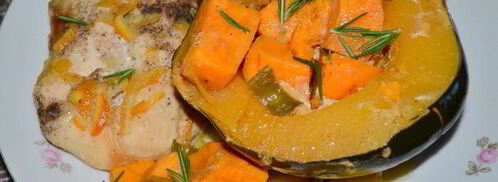 куриные грудки в апельсиново-кленовом сиропе с акорн тыквой и сладким картофелем. Шаг 4