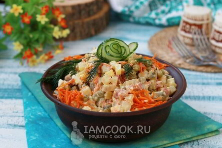 Рецепт оливье с колбасой и корейской морковью