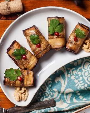 Рулетики из баклажана с ореховой пастой и аджикой