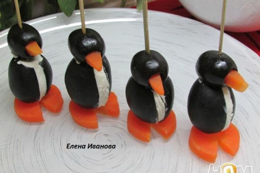 Рецепт пингвинов из маслин, фаршированные мягким сыром